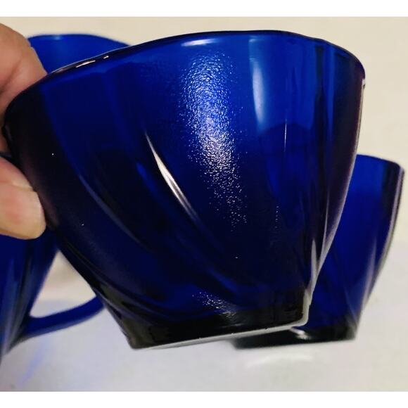 Duralex Vereco France Rivage Cobalt Blue Glass Swirl Tea Cup Set of 4 - Picture 4 of 5